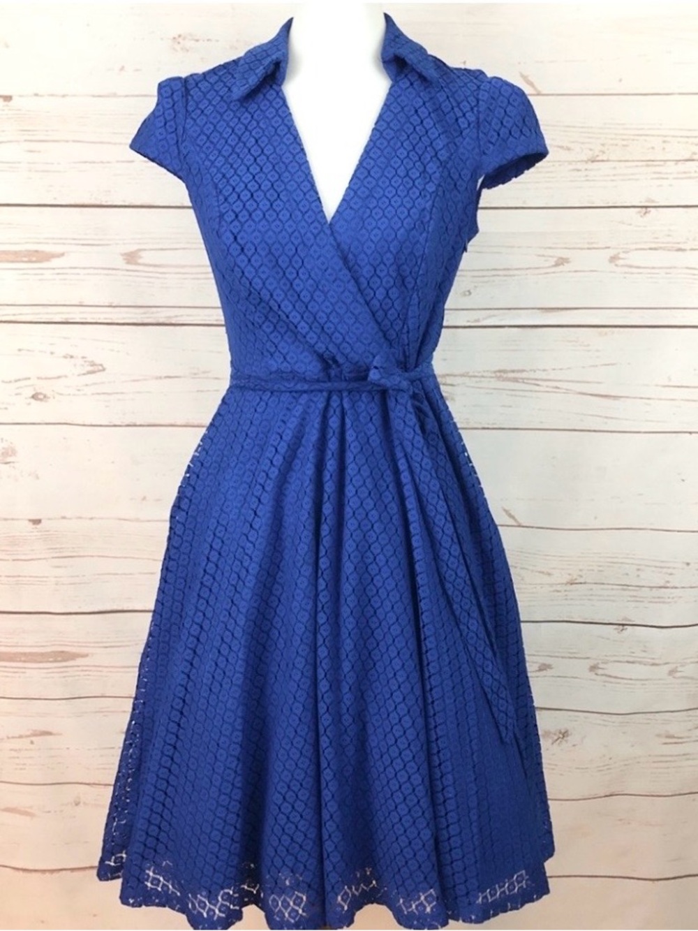 DR Collection Faux Wrap Pointelle Lined Bombshell Midi Dress